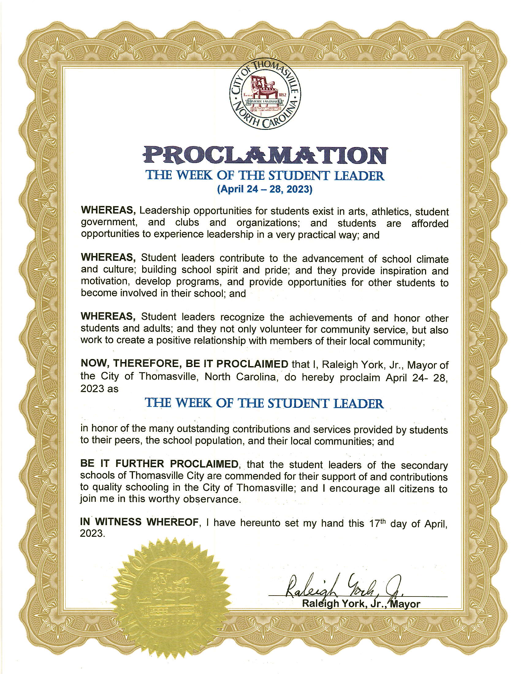 Proclamation - The Week of the Student Leader - April 24 - 28, 2023